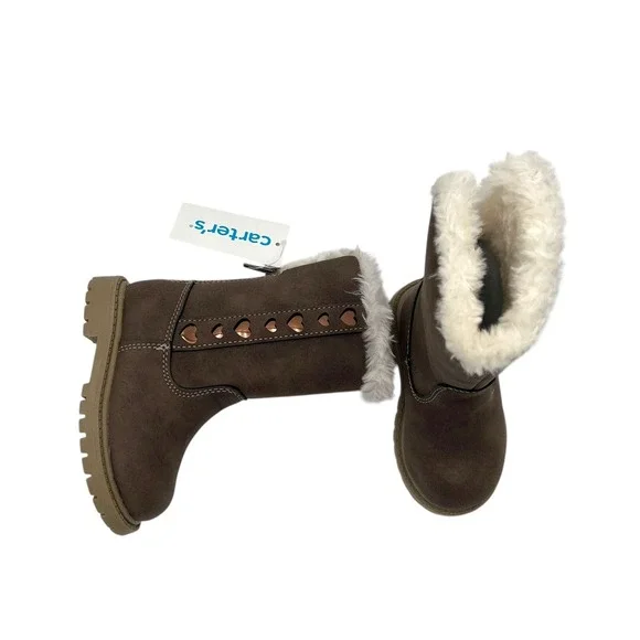 Carters Baby Girls Fashion Tall Boots Size 5 Brown Faux Fur Trim Winter Shoes - Picture 8 of 15